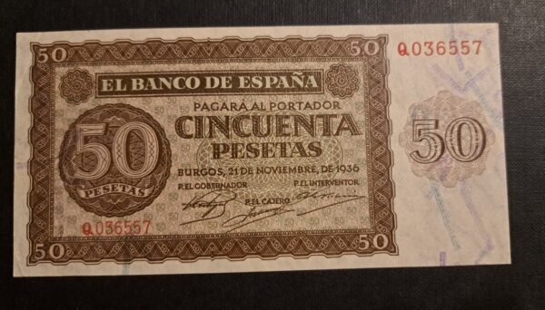 Billete 50 Pesetas Burgos 1936 SC- | Numismática Coleccionismo España Guerra Civil - Imagen 2
